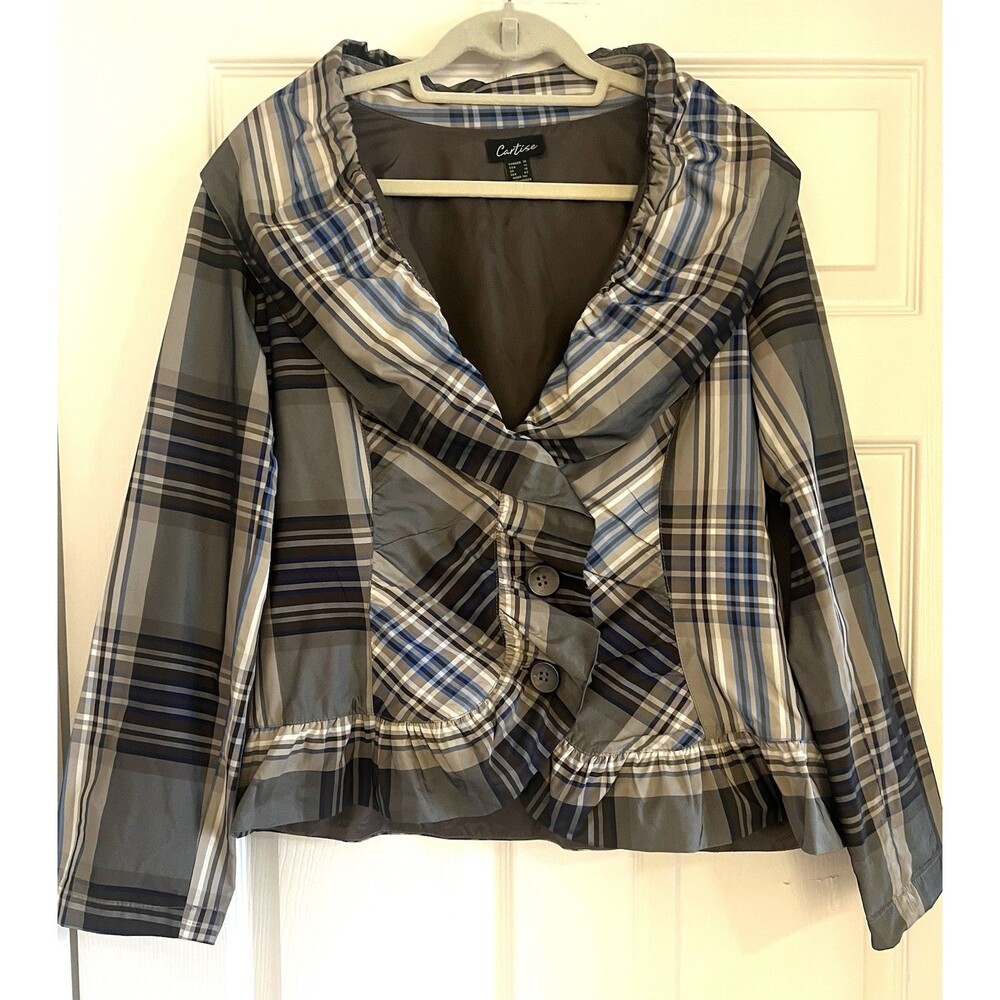Cartise Chic Taffeta Blue Plaid Ruffled Blazer Jacket Sz 12 Dark Academia Preppy